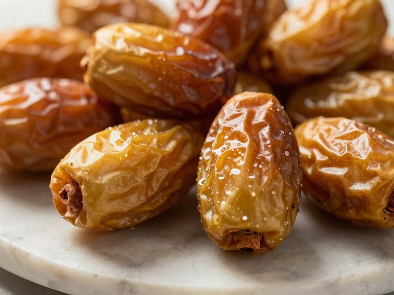 Macro shot of golden-brown Sukkari dates, some with visible crystallization, on a light marble plate, soft elegant shadows, warm editorial photography.