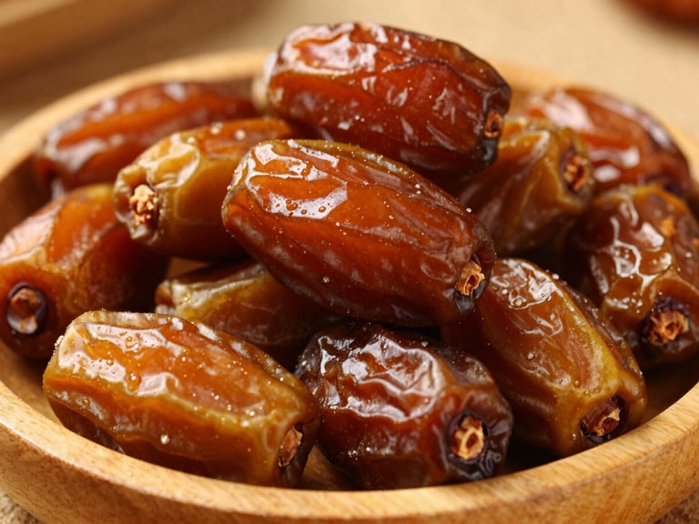 Close-up of glossy, amber Khalas dates in a minimalist wooden bowl, capturing their smooth texture and deep color, warm editorial photography.