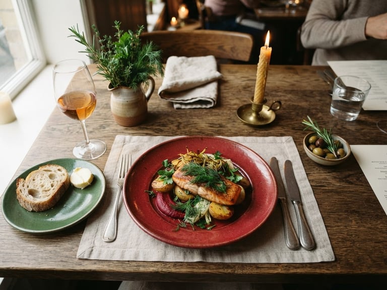 Overhead flat-lay of a cozy Scandinavian restaurant table, warm natural light, rich crimson plates, fresh herbs, soft shadows, 35mm photography