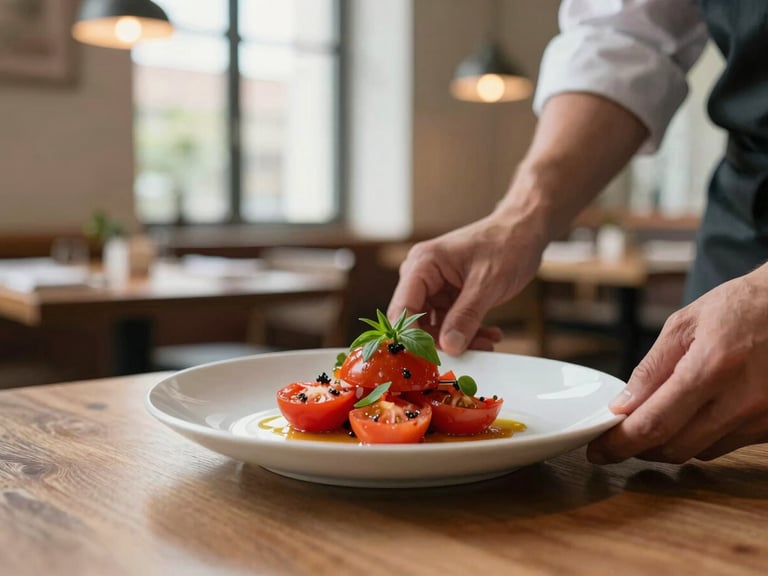 A cozy Scandinavian restaurant interior with soft side-lighting illuminating a chef carefully plating a vibrant heirloom tomato dish, shallow depth of field.