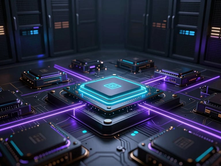 Abstract 3D render of crystalline processor structures in a vast dark atmospheric server hall, glowing violet lines, low-key lighting, sharp neon laser lines, cinematic.