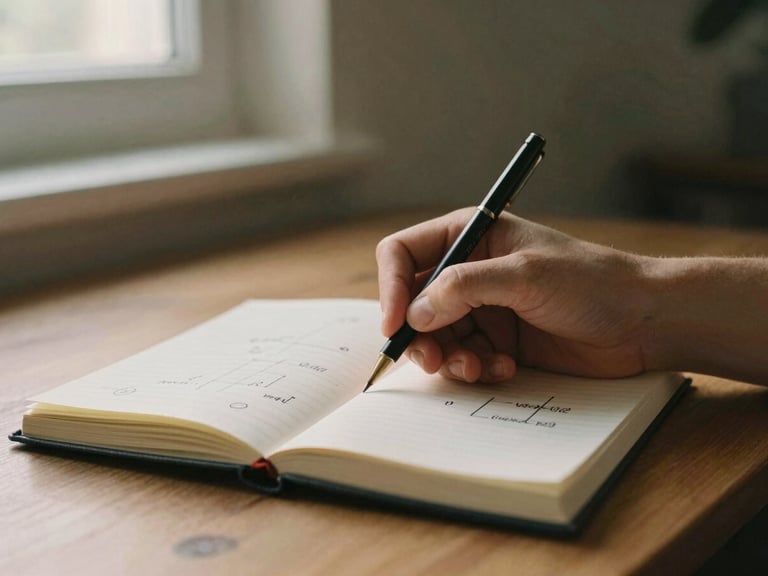 Manos hojeando un cuaderno de notas con diagramas y textos, luz cálida de lámpara de escritorio, enfoque en la escritura.