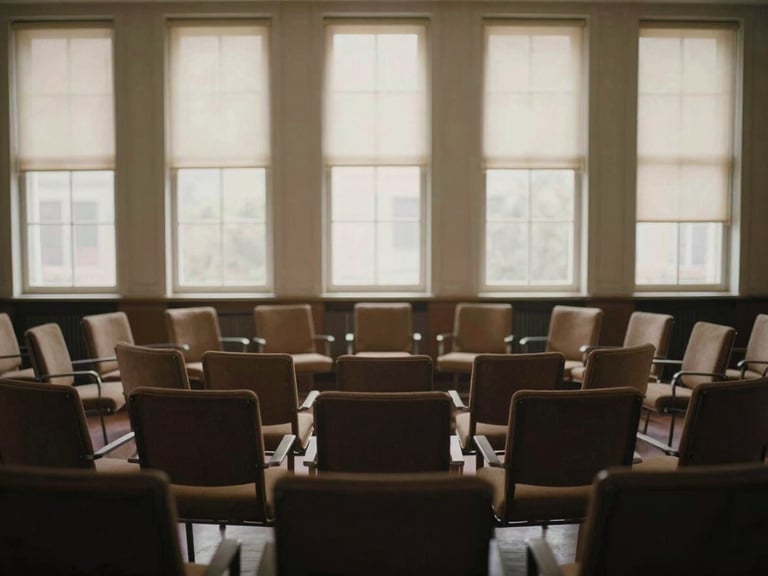 Círculo de sillas vacías en una sala de conferencias antigua, luz natural filtrada por ventanales altos, ambiente de debate socrático.