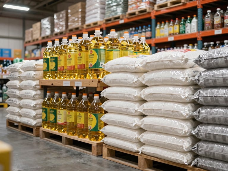 Close environmental shot of neatly stacked packaged commodity goods on warehouse shelving — cooking oil bottles, sugar bags, flour sacks — bright overhead warehouse lighting, no people, clean concrete floor visible