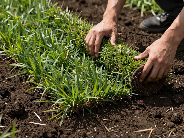 Hands unrolling a fresh grass carpet onto prepared dark soil, low-angle shot showing the rich texture of the soil and vibrant green blades under bright morning light.