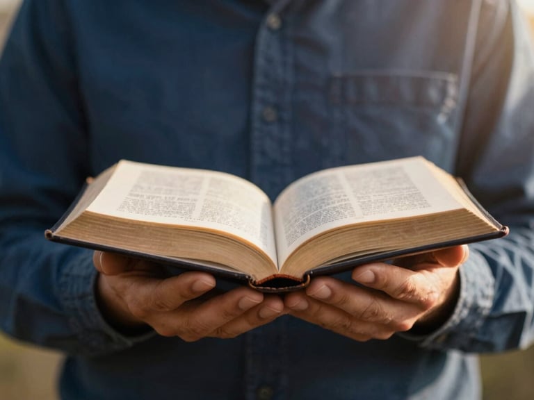Hands holding an open Bible, warm soft lighting, shallow depth of field, peaceful sanctuary setting
