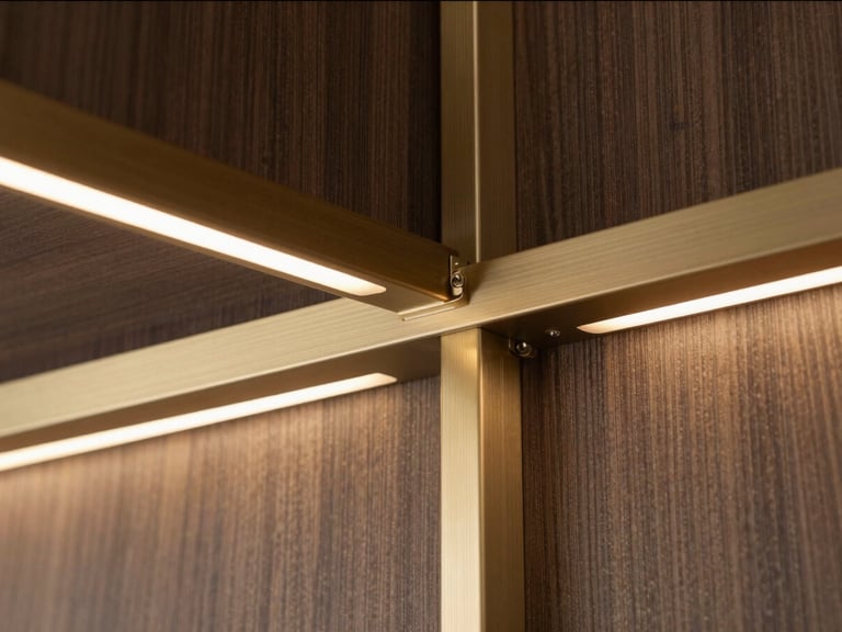 Close-up of premium interior finishes in a luxury apartment, brushed champagne-gold metal fixtures against natural dark wood paneling, elegant warm lighting, shallow depth of field.