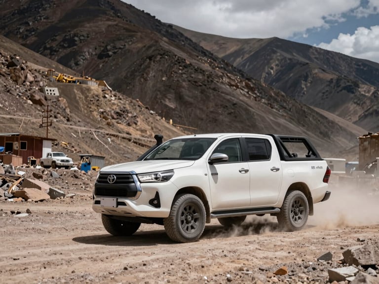 A white Toyota Hilux 4x4 parked on a high-altitude mountain pass, dusty Andean terrain, sharp sunlight casting high-contrast shadows.
