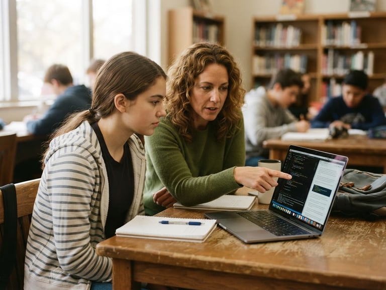 A warm candid photo of a mentor guiding a high school student over a laptop, soft natural window light, 35mm