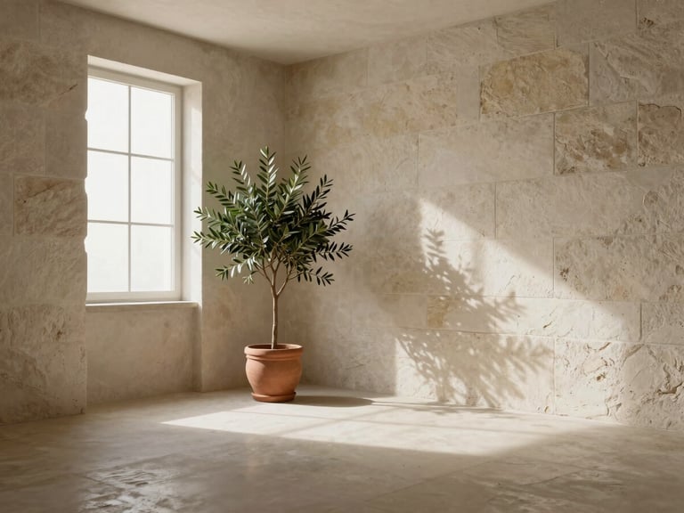 Wide environmental shot of a minimalist consultation room with textured stone walls, a single olive plant in a clay pot, and soft indirect window light