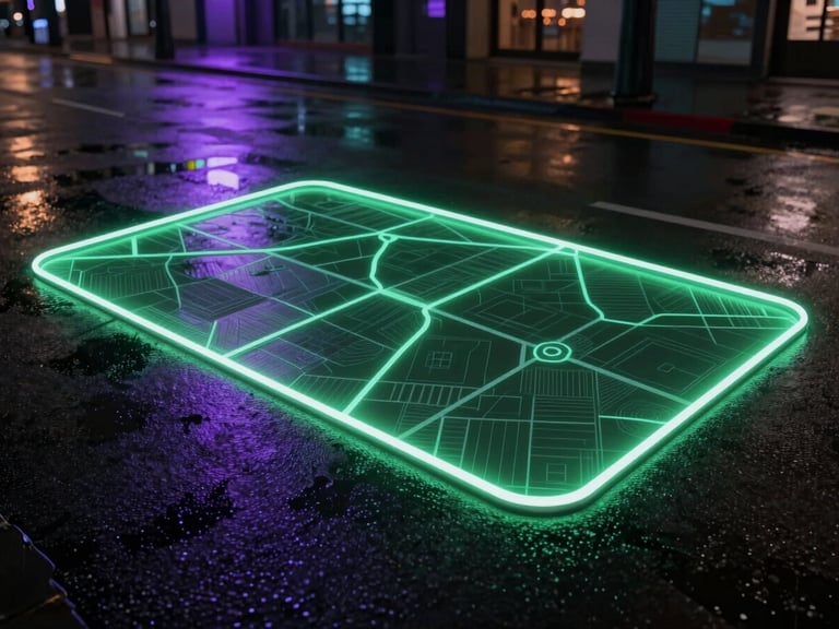 Moody urban nightscape, wet asphalt reflecting neon green and violet light, a clean digital map overlay showing a glowing delivery boundary, cinematic 21:9 composition