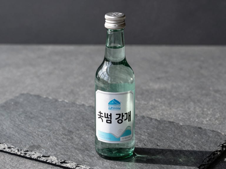 Sleek heavy-glass Ilpoom Jinro bottle on a dark slate surface, silver accents, cool natural daylight, sharp focus, medium format.