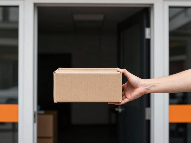 Wide environmental shot of a clean, unbranded courier box being handed over at a modern Melbourne office doorway, high-contrast lighting, 35mm