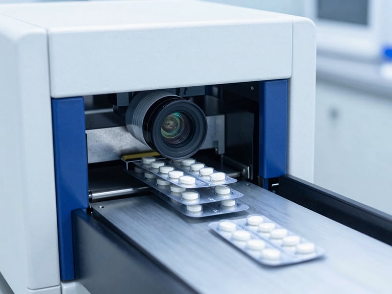 Automated packaging line sealing blister packs of tablets under sterile clinical lighting, clinical medical photography, bright cleanroom lighting, sterile white and deep blue tones, sharp focus, 35mm lens