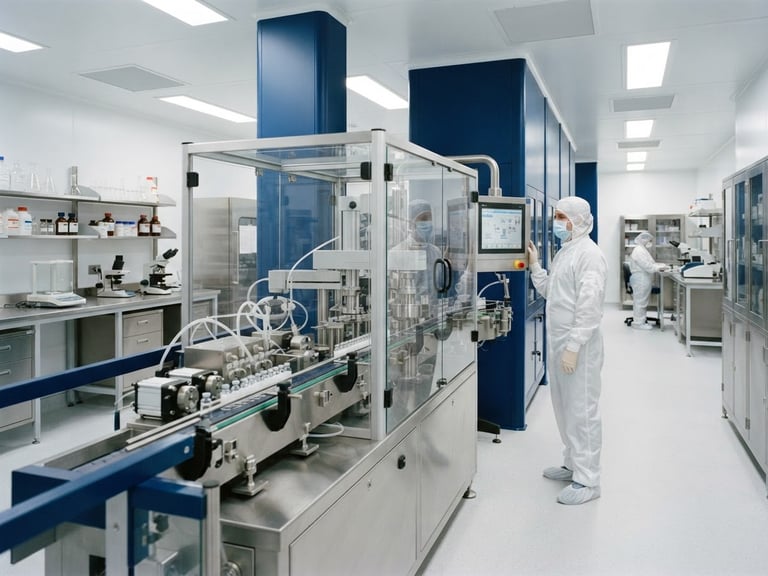 Sterile pharmaceutical laboratory with automated formulation equipment, bright cleanroom lighting, sterile white and deep blue tones, crisp focus, 35mm lens