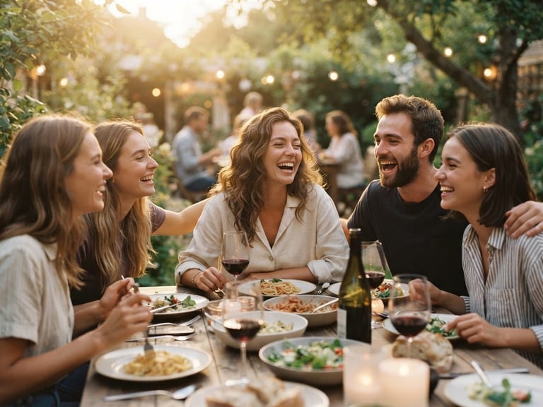 Warm nostalgic candid photo of friends laughing around an outdoor dinner table, golden-hour natural sunlight, soft cream tones, 35mm film grain