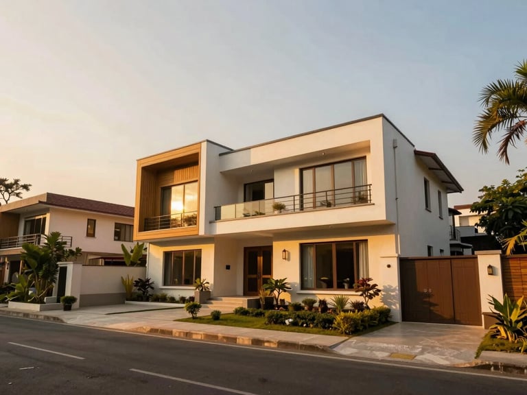 Exterior view of a modern luxury villa in a green Kolkata neighborhood, golden hour, wide-angle, warm tones, high contrast.
