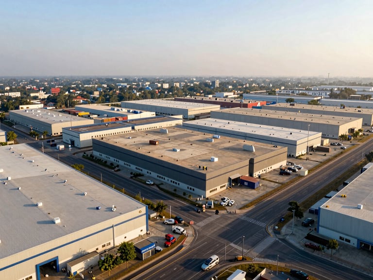 Wide-angle aerial shot of a modern logistics park with warehouses near a major highway intersection in Howrah, crisp daylight, structured, high contrast.