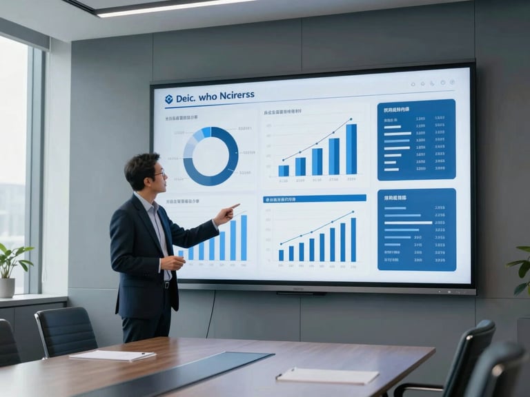 Professional consultant presenting financial projections on a large screen in a high-tech boardroom, showing complex data simplified into actionable insights, cool blue and gray tones.