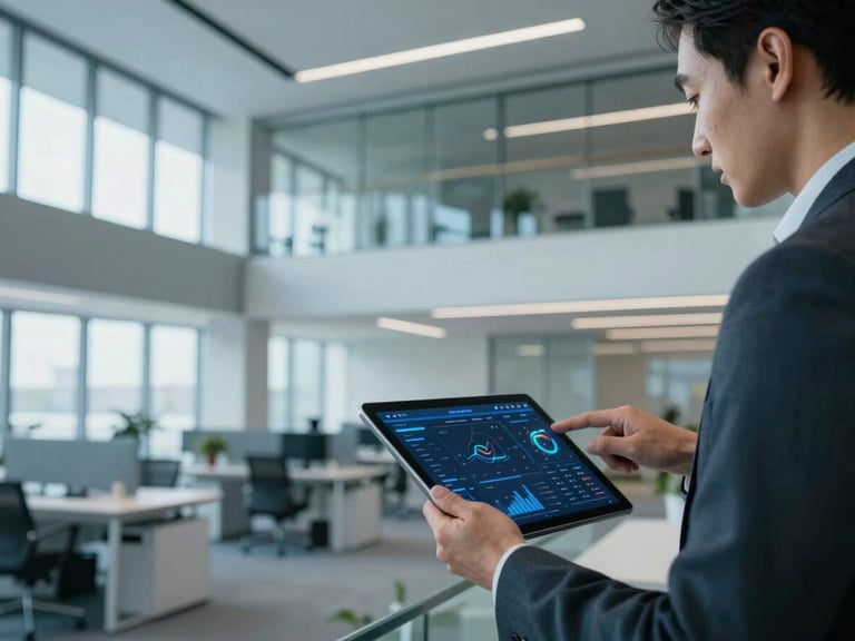 Modern corporate office interior with a consultant pointing to a digital financial dashboard on a tablet, showing clear data visualizations, cool blue lighting, architectural depth.