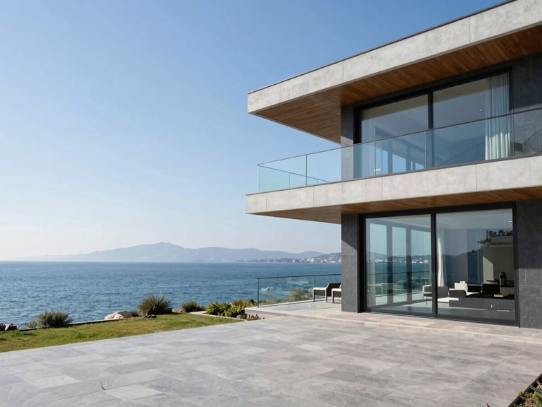 Wide architectural shot of a modern minimalist villa with a fully opened glass balcony system, overlooking the İzmir bay, bright natural daylight, crisp blue tones.