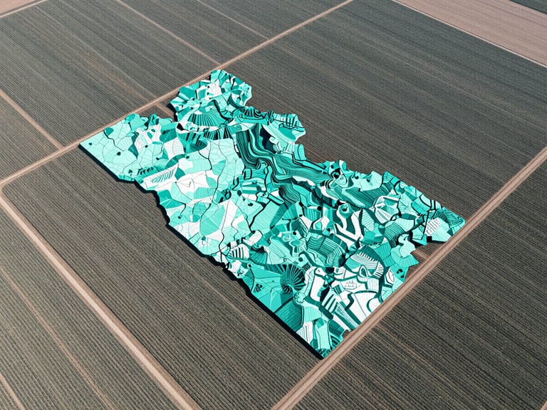 Top-down aerial perspective of structured agricultural crop fields in Nineveh with sharp teal GIS vector overlays, bright natural daylight.