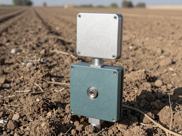 Macro shot of a smart agricultural telemetry sensor node installed in an Iraqi soil field, crisp morning daylight, focus on technical hardware.