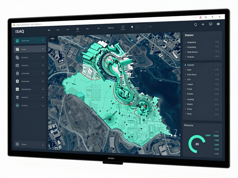 High-contrast screen-glow shot of a modern geospatial database interface displaying localized Iraqi regional analytics, cool slate and teal tones.