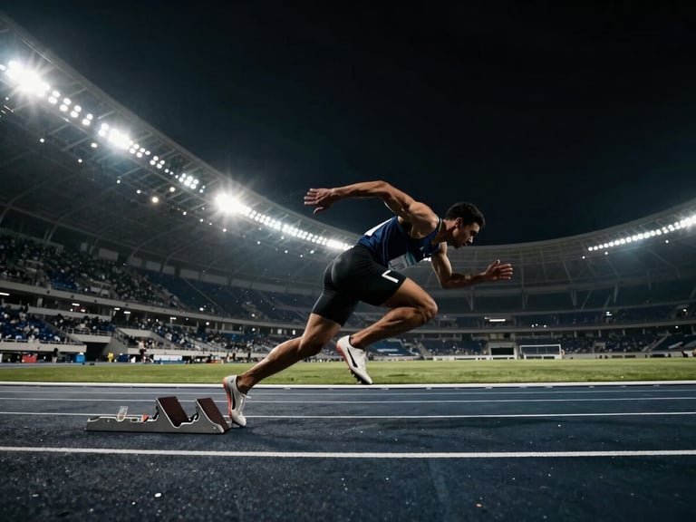 Wide-angle low-angle action shot of a sprinter exploding off the blocks on a dark track, moody stadium floodlights, lens flares, dynamic sports photography.
