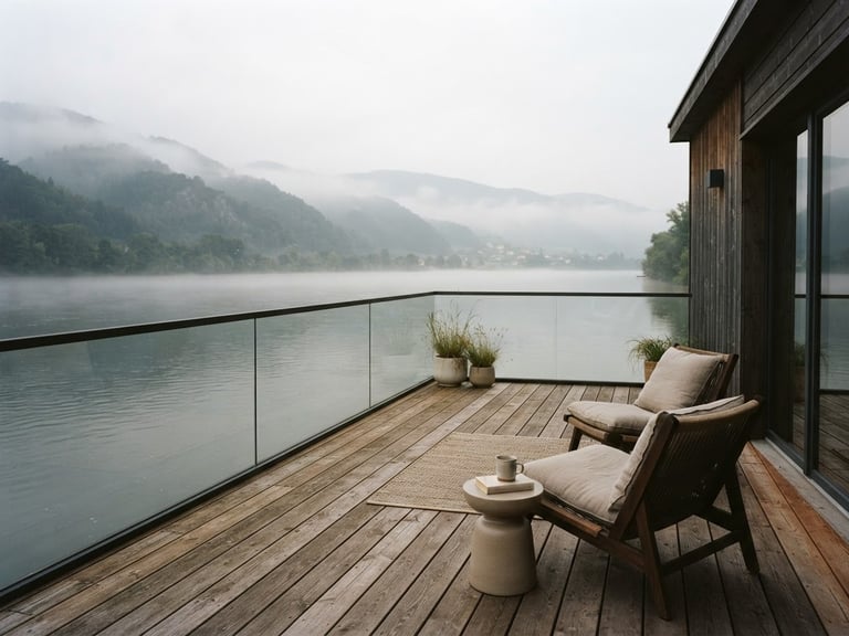 Misty morning view of the Danube river from the private wooden deck of Donauhaus, soft diffused light, warm minimalist outdoor furniture, 35mm photography