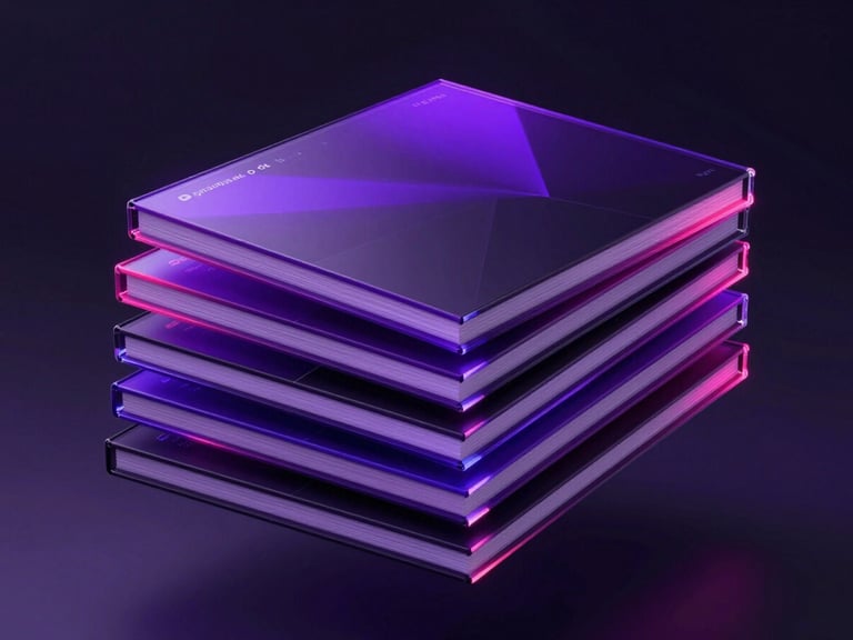 3D render of a premium ebook bundle, showing multiple sleek, dark ebook covers stacked, with electric purple and neon pink accents, glassmorphism textures, floating against a dark, moody background with subtle atmospheric lighting.