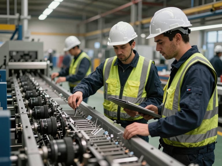 Techniciens en combinaison de sécurité inspectant un équipement de nettoyage industriel lourd près d'une ligne de production d'usine.