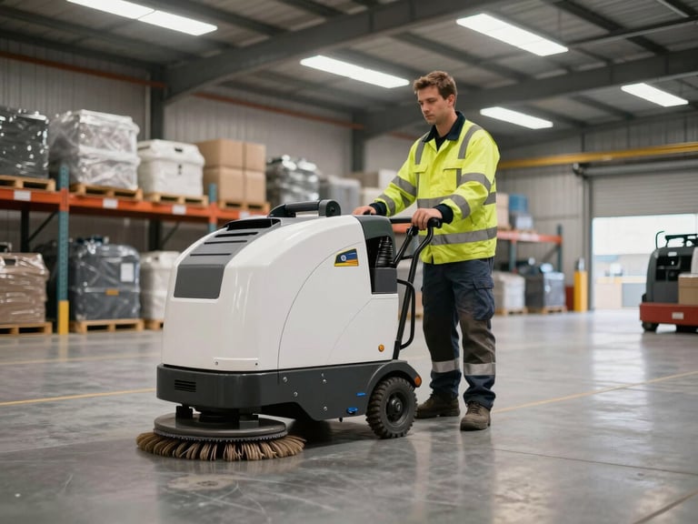 Wide-angle shot of a professional operator in high-visibility safety gear operating an industrial floor scrubber in a large Casablanca warehouse, bright utility lighting