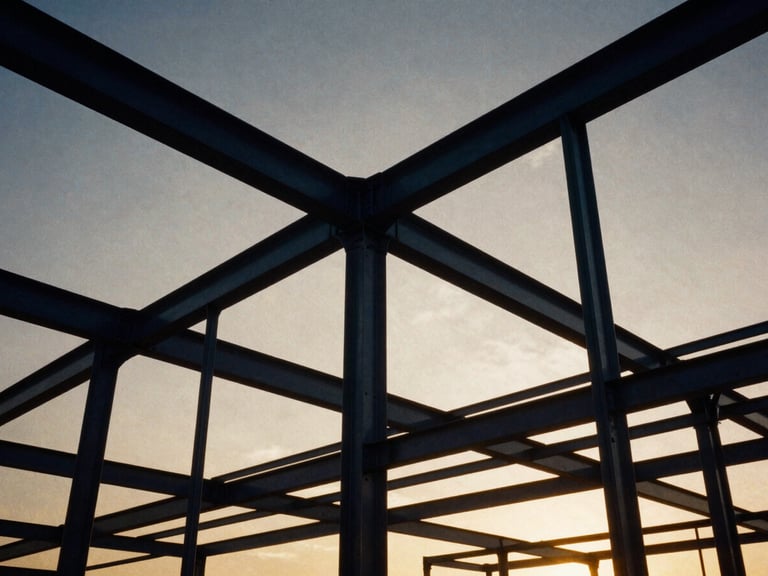 Low-angle architectural film photography of massive structural steel frameworks against a dramatic golden-hour sky, high-contrast navy and gold tones