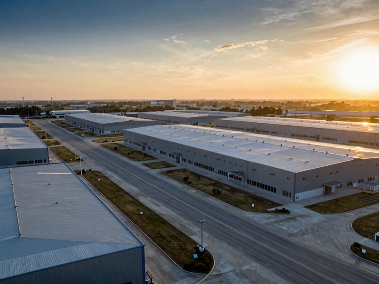 Wide-angle drone photograph of a sprawling modern industrial park during sunset, clean concrete runways, metallic warehouse facades reflecting gold light