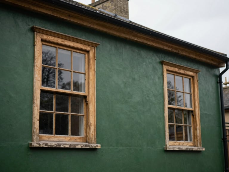Exterior shot of a period property with newly restored sash windows, showcasing architectural integrity, soft overcast UK daylight.