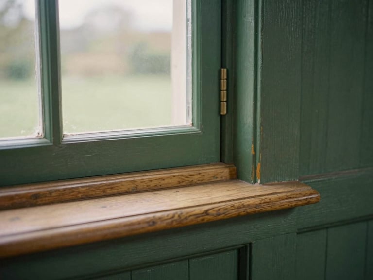 Close-up of a restored timber window frame, highlighting fine joinery details, soft overcast UK daylight, shallow depth of field.