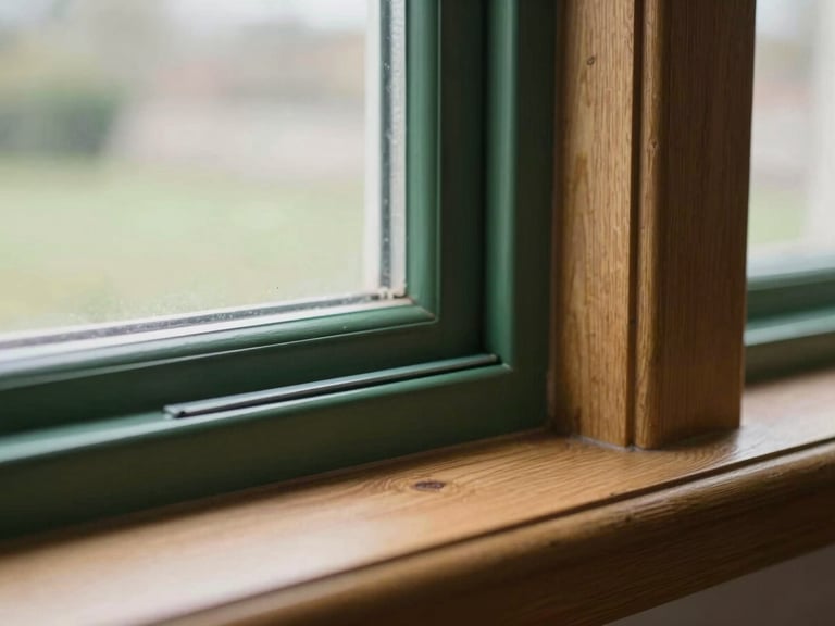 Detailed shot of a sash window mechanism with integrated modern draught-proofing strip, subtle and functional, soft overcast UK daylight.