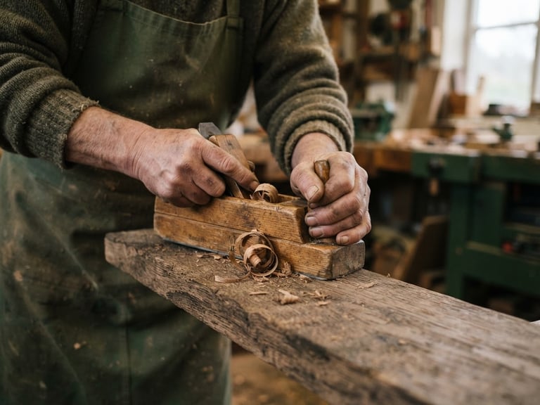 Close-up of a master joiner's hands carefully planing weathered timber, soft overcast UK daylight, shallow depth of field.