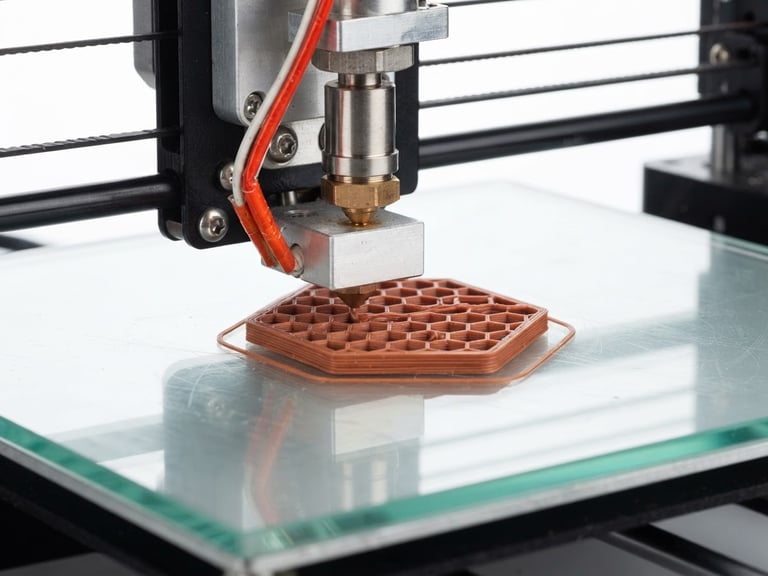 Sharp macro studio shot of a 3D printer nozzle depositing precise terracotta PLA layers on a clean glass bed, high-key lighting, technical details visible.