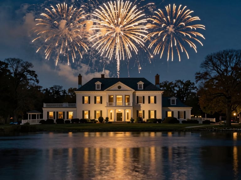Cinematic wide-angle shot of a historic Connecticut estate at twilight, illuminated by golden fireworks reflecting on a lake, rich ambient light, shallow depth of field.