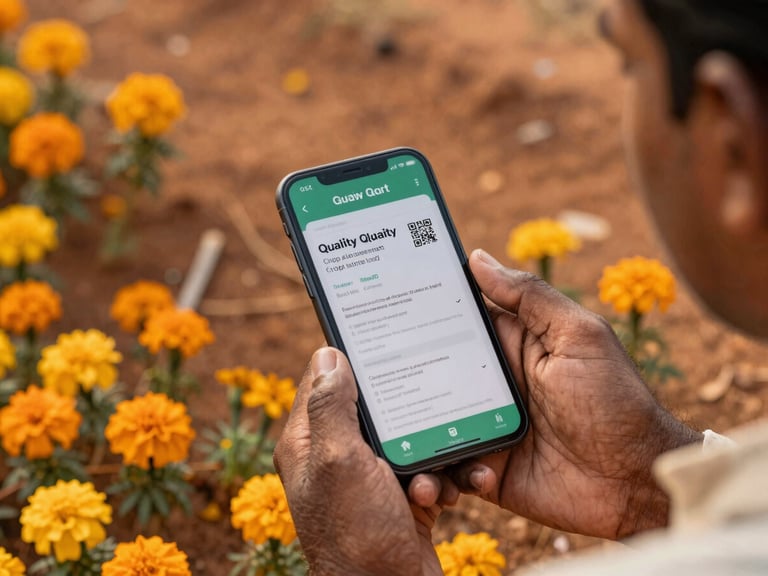 A digital quality certificate displayed on a smartphone screen, held by an Indian farmer, showing details of crop quality, with a QR code, warm light.
