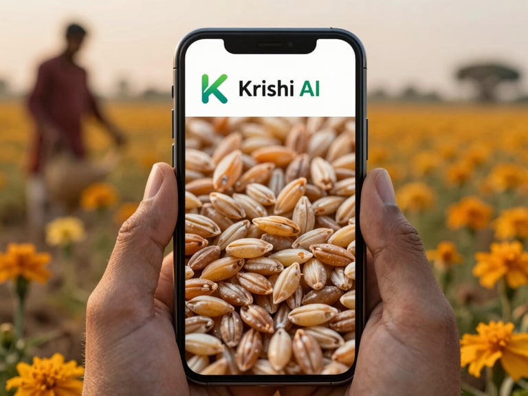 Macro shot of various grains with subtle defects highlighted by a digital overlay from Krishi AI app on a smartphone screen, against a backdrop of a farmer's field.
