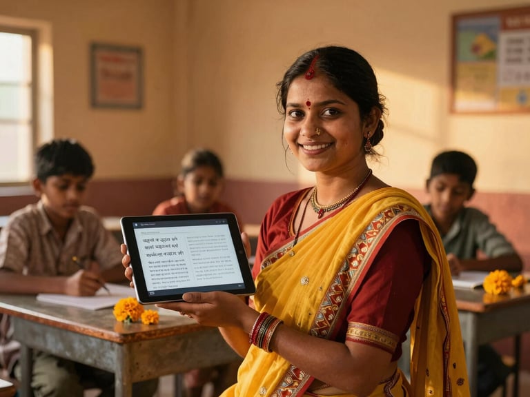 Rural Indian teacher in a bright classroom, smiling, holding a tablet displaying educational content in a regional language, with students in the background. Golden-hour light.