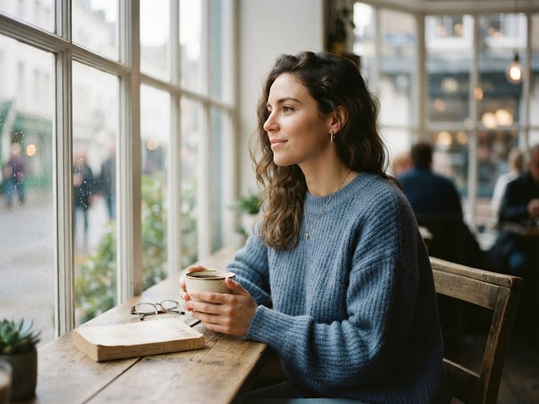 Authentic editorial photography, a young adult sitting by a window in soft daylight, holding a warm coffee cup, shallow depth of field, 35mm