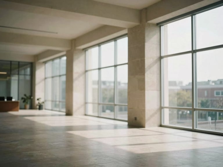 Wide panoramic view of a quiet, sunlit modern corporate office with stone and glass architectural details, soft diffused natural window light, warm editorial photography style, shallow depth of field