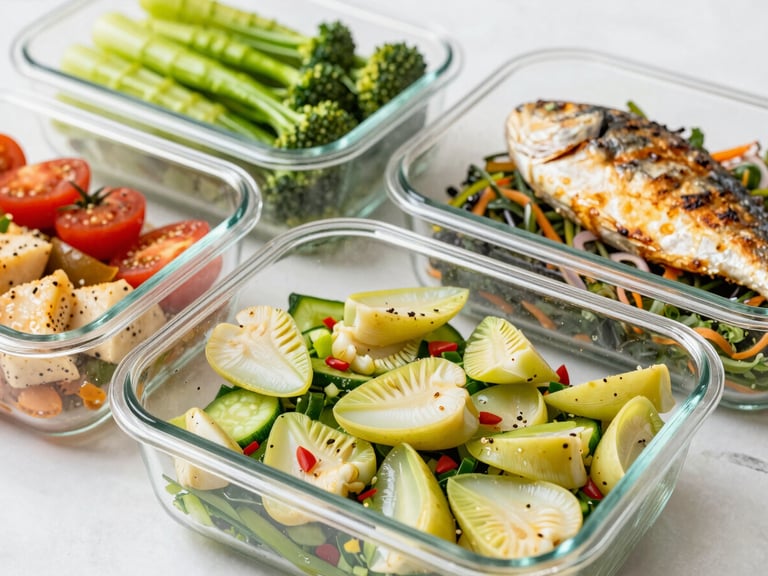 Three clean glass containers filled with vibrant, healthy Brazilian meal prep dishes, including fresh hearts of palm salad and grilled fish, shot in bright daylight.