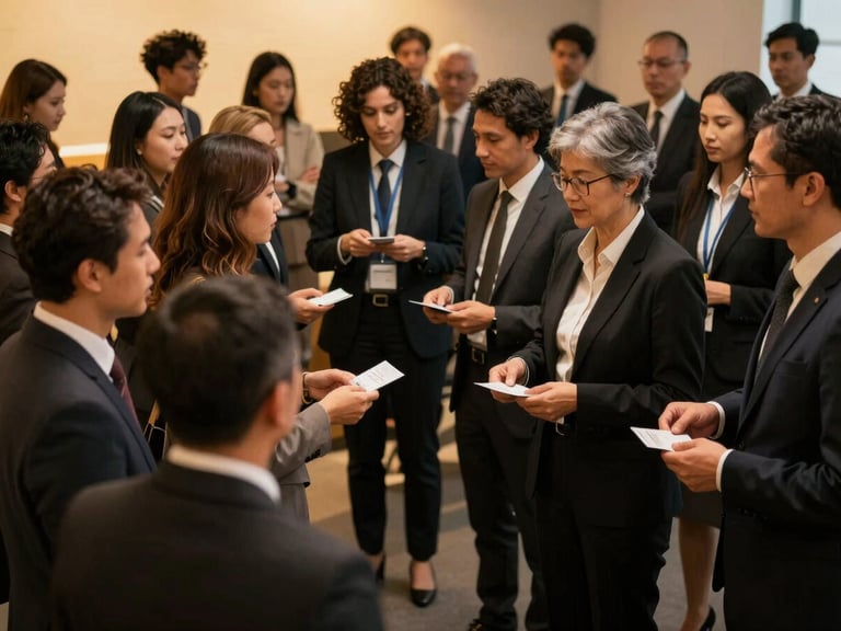Professional networking event, diverse group of people in business attire exchanging cards, warm indoor lighting, slightly wide shot.