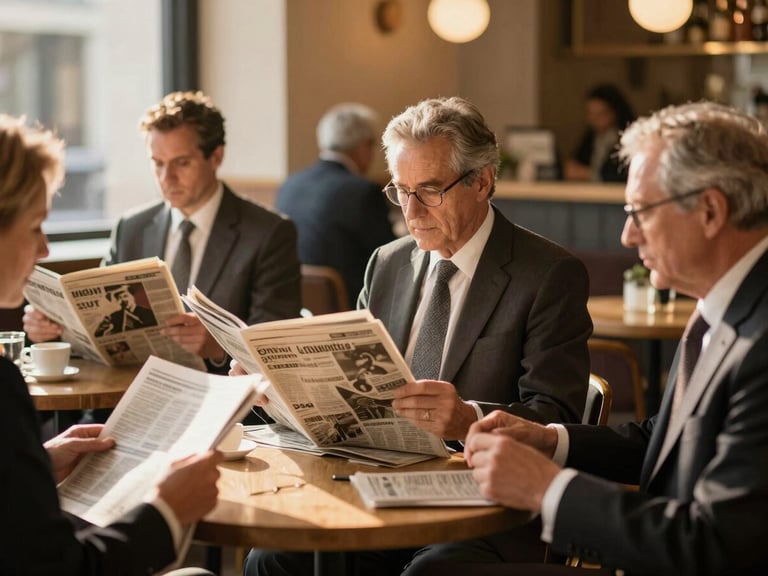 Dignified community members reading a newspaper in a well-lit cafe, high-contrast warm golden lighting, professional tone, 35mm lens.