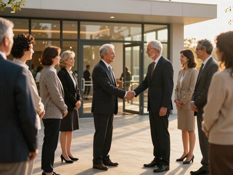 Dignified community leaders shaking hands at a modern, well-lit community center entrance, golden hour light, structured framing.